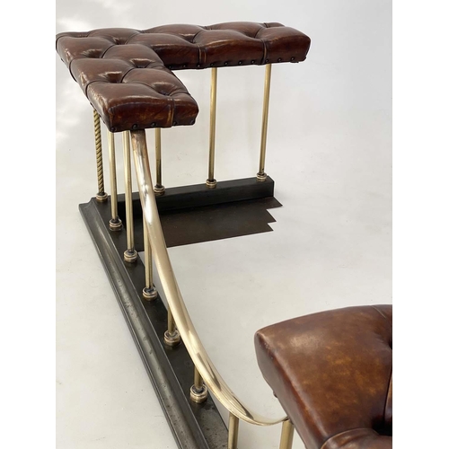 103 - CLUB FENDER, traditional early 20th century buttoned tan leather seat pads raised upon brass balustr... 