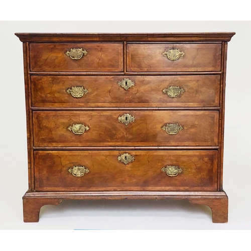 104 - CHEST, early 18th century English Queen Anne figured walnut and crossbanded with two short and three... 