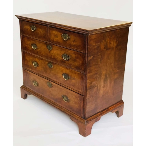 104 - CHEST, early 18th century English Queen Anne figured walnut and crossbanded with two short and three... 