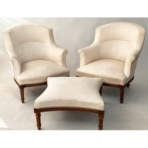 105 - BERGERES, a pair, French Louis XVI style walnut, with cream brocade upholstery, and matching footsto... 