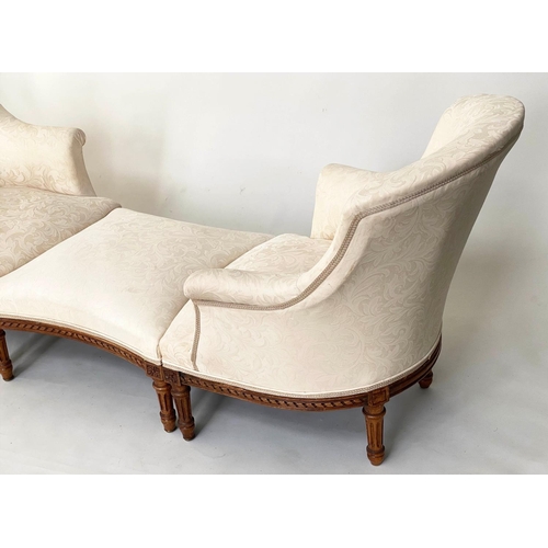 105 - BERGERES, a pair, French Louis XVI style walnut, with cream brocade upholstery, and matching footsto... 