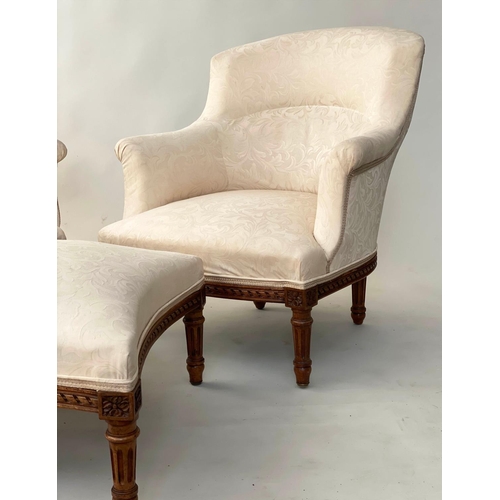 105 - BERGERES, a pair, French Louis XVI style walnut, with cream brocade upholstery, and matching footsto... 