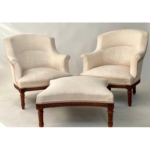 105 - BERGERES, a pair, French Louis XVI style walnut, with cream brocade upholstery, and matching footsto... 