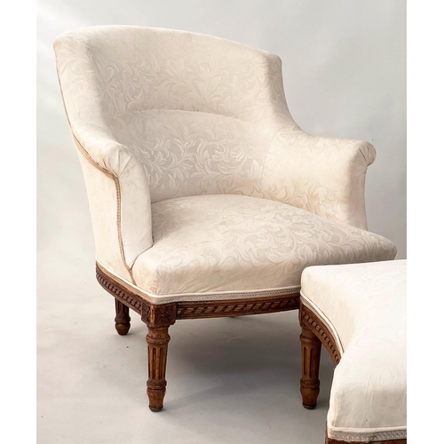 105 - BERGERES, a pair, French Louis XVI style walnut, with cream brocade upholstery, and matching footsto... 