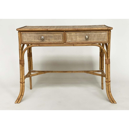 106 - BAMBOO WRITING TABLE, 20th century vintage cane panelled with two frieze drawers, 92cm W x 45cm D x ... 