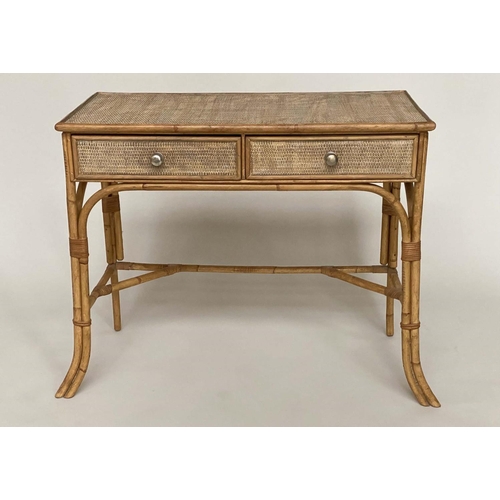 106 - BAMBOO WRITING TABLE, 20th century vintage cane panelled with two frieze drawers, 92cm W x 45cm D x ... 