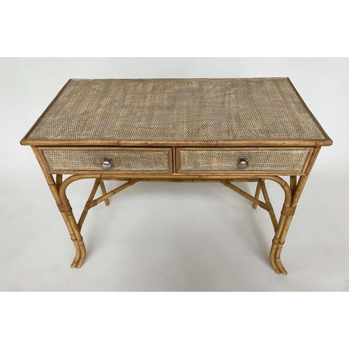 106 - BAMBOO WRITING TABLE, 20th century vintage cane panelled with two frieze drawers, 92cm W x 45cm D x ... 