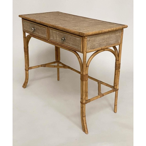 106 - BAMBOO WRITING TABLE, 20th century vintage cane panelled with two frieze drawers, 92cm W x 45cm D x ... 