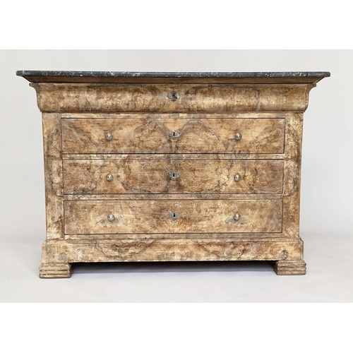 107 - COMMODE, 19th century French Louis Philippe figured walnut and silvered metal mounted with marble to... 