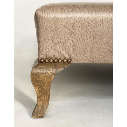 108 - CENTRE STOOL, square stamped and brass studded soft leather with carved outswept supports by Mary Fo... 