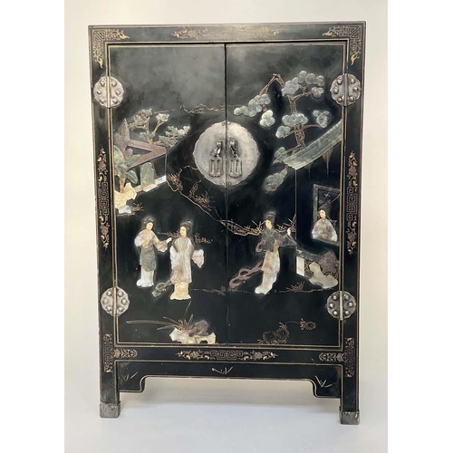 109 - CHINESE SIDE CABINET, lacquered and Chinoiserie gilt decorated and silvered metal mounted with two d... 