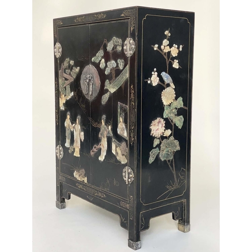 109 - CHINESE SIDE CABINET, lacquered and Chinoiserie gilt decorated and silvered metal mounted with two d... 