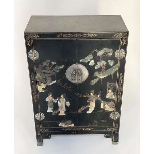 109 - CHINESE SIDE CABINET, lacquered and Chinoiserie gilt decorated and silvered metal mounted with two d... 