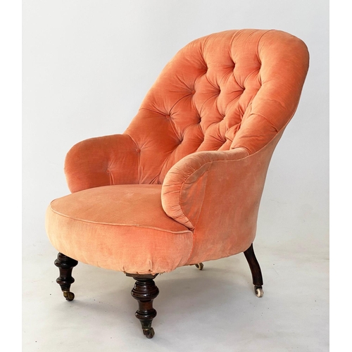 110 - ARMCHAIR, Victorian walnut with 'blush' velvet upholstery, deep buttoned back and turned supports, 6... 