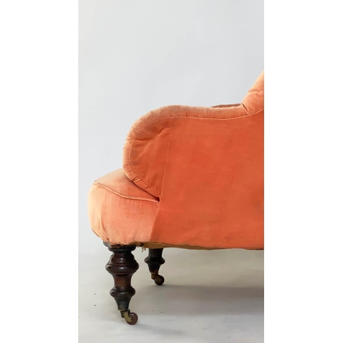 110 - ARMCHAIR, Victorian walnut with 'blush' velvet upholstery, deep buttoned back and turned supports, 6... 