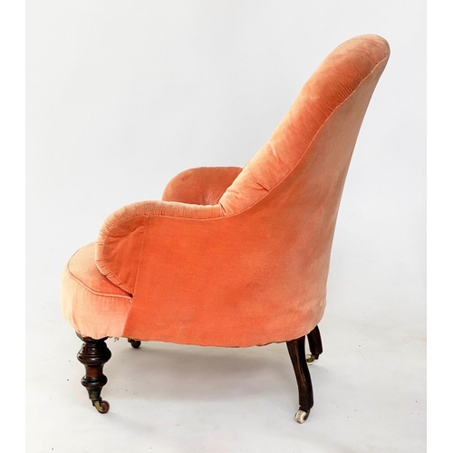 110 - ARMCHAIR, Victorian walnut with 'blush' velvet upholstery, deep buttoned back and turned supports, 6... 