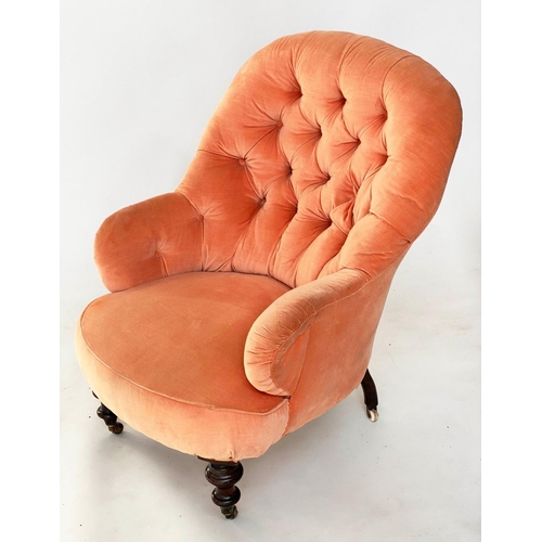 110 - ARMCHAIR, Victorian walnut with 'blush' velvet upholstery, deep buttoned back and turned supports, 6... 