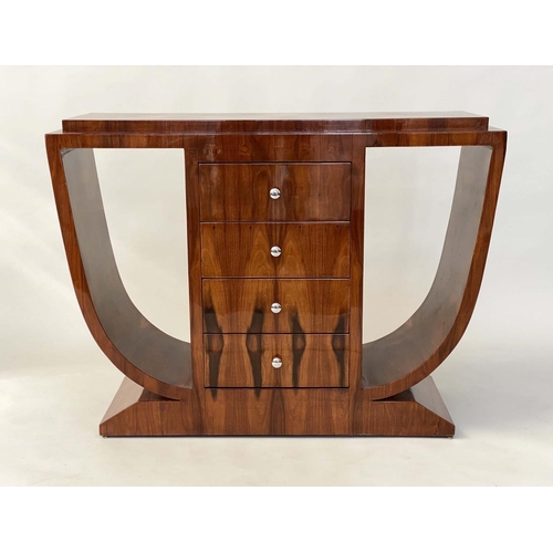 111 - ART DECO STYLE CONSOLE TABLE, American walnut with four drawers flanked by arched supports, 120cm W ... 