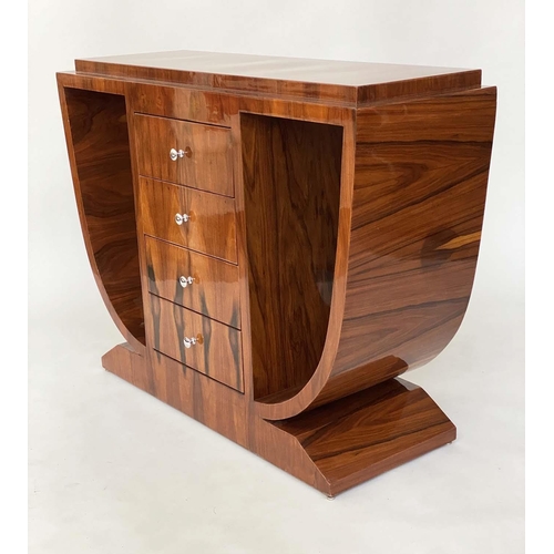 111 - ART DECO STYLE CONSOLE TABLE, American walnut with four drawers flanked by arched supports, 120cm W ... 