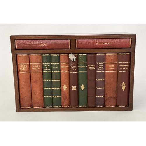 112 - TANTALUS, early 20th century figured walnut and faux book spine with three glass decanters, stamped ... 