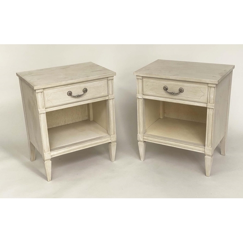 113 - BEDSIDE TABLES, a pair, Gustavian style grey painted each with drawer, undertier and tapering suppor... 