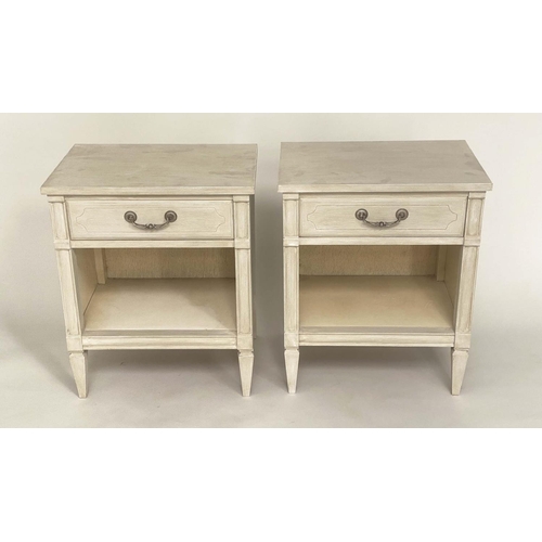 113 - BEDSIDE TABLES, a pair, Gustavian style grey painted each with drawer, undertier and tapering suppor... 