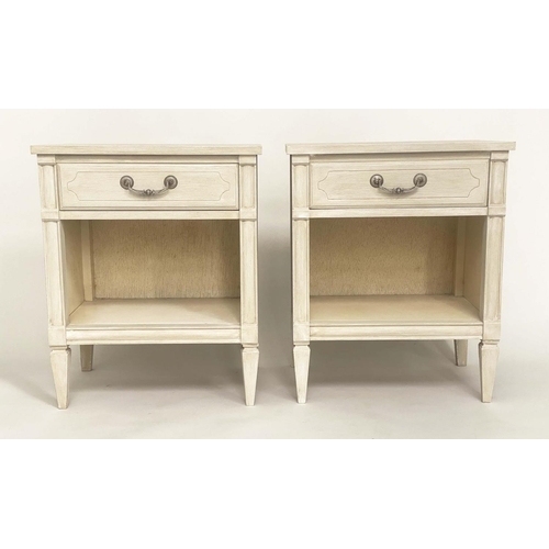 113 - BEDSIDE TABLES, a pair, Gustavian style grey painted each with drawer, undertier and tapering suppor... 