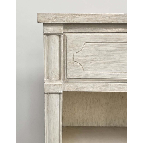 113 - BEDSIDE TABLES, a pair, Gustavian style grey painted each with drawer, undertier and tapering suppor... 