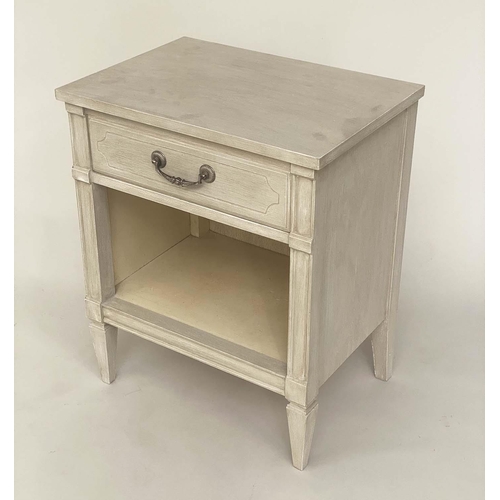 113 - BEDSIDE TABLES, a pair, Gustavian style grey painted each with drawer, undertier and tapering suppor... 