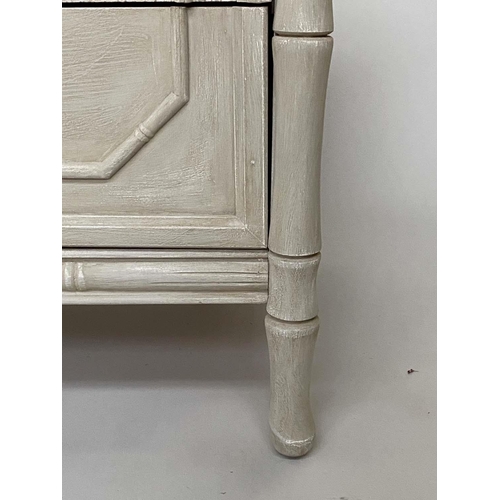 115 - FAUX BAMBOO LOW CHEST, traditionally grey painted and caned with panelled drawers above four further... 