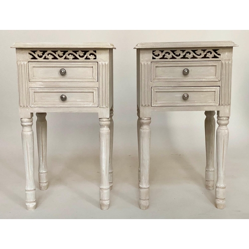 117 - BEDSIDE TABLES, a pair French style traditionally grey painted each with two drawers, pierced frieze... 