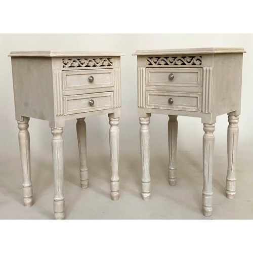 117 - BEDSIDE TABLES, a pair French style traditionally grey painted each with two drawers, pierced frieze... 