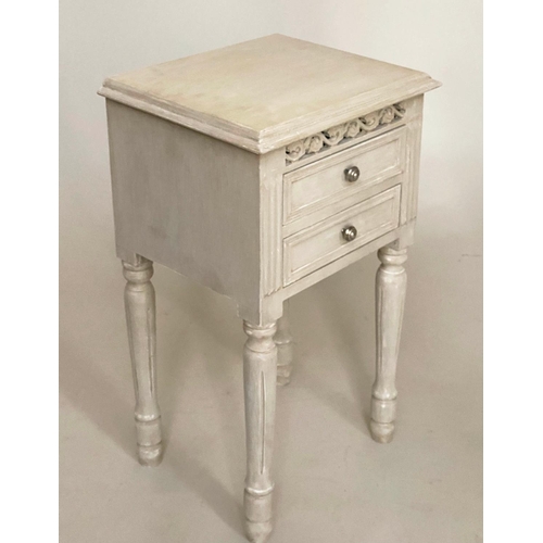 117 - BEDSIDE TABLES, a pair French style traditionally grey painted each with two drawers, pierced frieze... 