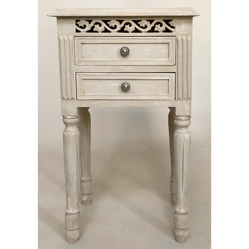 117 - BEDSIDE TABLES, a pair French style traditionally grey painted each with two drawers, pierced frieze... 