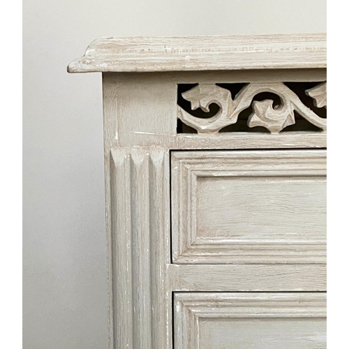 117 - BEDSIDE TABLES, a pair French style traditionally grey painted each with two drawers, pierced frieze... 