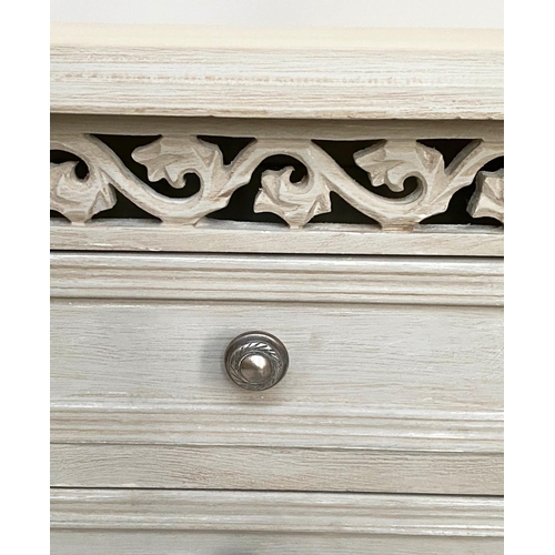 117 - BEDSIDE TABLES, a pair French style traditionally grey painted each with two drawers, pierced frieze... 