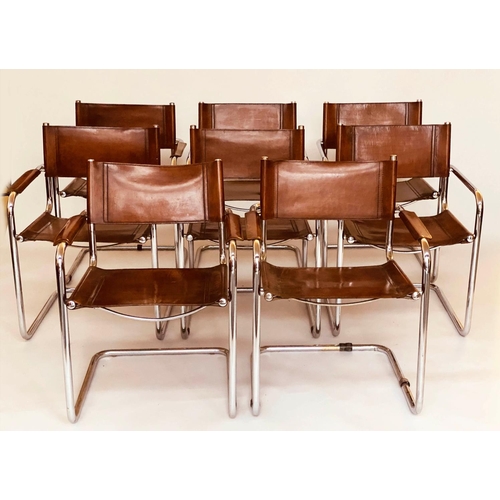 118 - DINING ARMCHAIRS, eight Bauhaus design chrome cantilever armchairs with stitched tan leather upholst... 