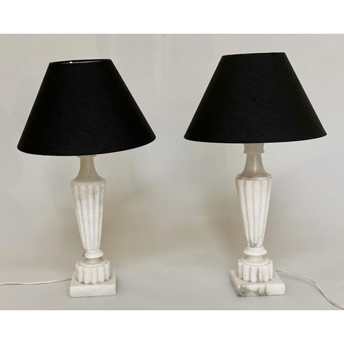 121 - TABLE LAMPS, a pair, white marble with tapering reeded columns and square plinth base, 60cm H. (2)