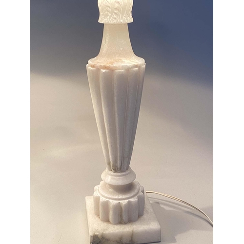 121 - TABLE LAMPS, a pair, white marble with tapering reeded columns and square plinth base, 60cm H. (2)