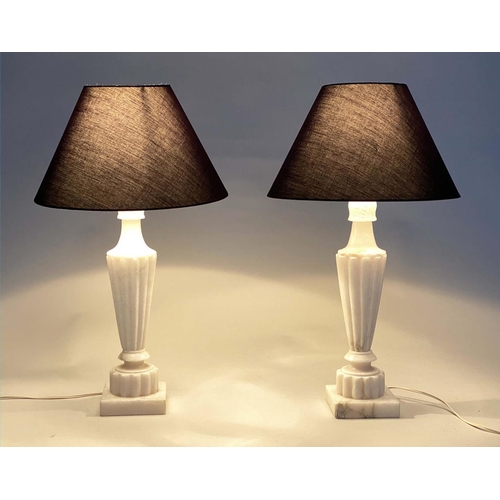 121 - TABLE LAMPS, a pair, white marble with tapering reeded columns and square plinth base, 60cm H. (2)