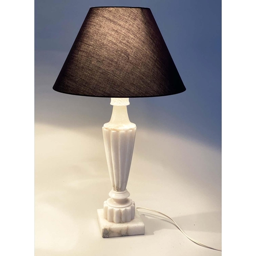 121 - TABLE LAMPS, a pair, white marble with tapering reeded columns and square plinth base, 60cm H. (2)