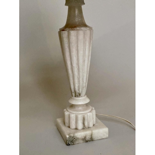 121 - TABLE LAMPS, a pair, white marble with tapering reeded columns and square plinth base, 60cm H. (2)