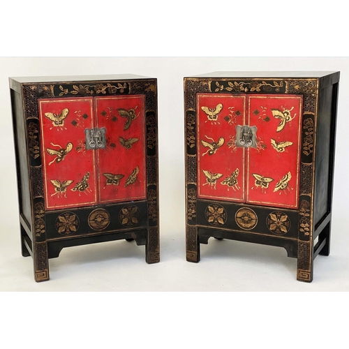 122 - CHINESE CABINETS, a pair, Chinese scarlet lacquered and gilt Chinoiserie decorated with silver mount... 