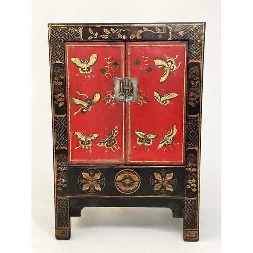 122 - CHINESE CABINETS, a pair, Chinese scarlet lacquered and gilt Chinoiserie decorated with silver mount... 