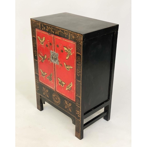 122 - CHINESE CABINETS, a pair, Chinese scarlet lacquered and gilt Chinoiserie decorated with silver mount... 