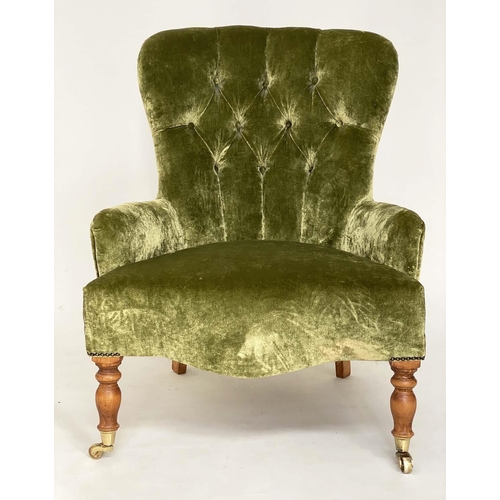 124 - ARMCHAIR, Victorian style soft moss, green velvet upholstered with buttoned back and turned supports... 