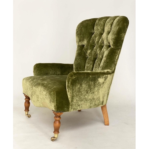 124 - ARMCHAIR, Victorian style soft moss, green velvet upholstered with buttoned back and turned supports... 