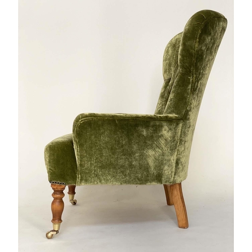 124 - ARMCHAIR, Victorian style soft moss, green velvet upholstered with buttoned back and turned supports... 