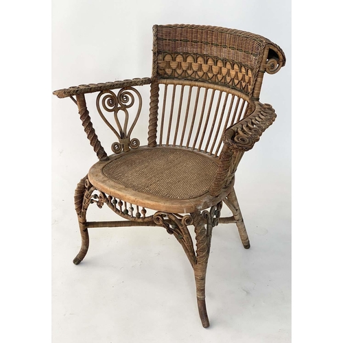 126 - ARMCHAIR, early 20th century 1930s rattan frame and green and natural intricately cane woven with st... 