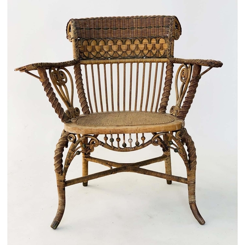 126 - ARMCHAIR, early 20th century 1930s rattan frame and green and natural intricately cane woven with st... 